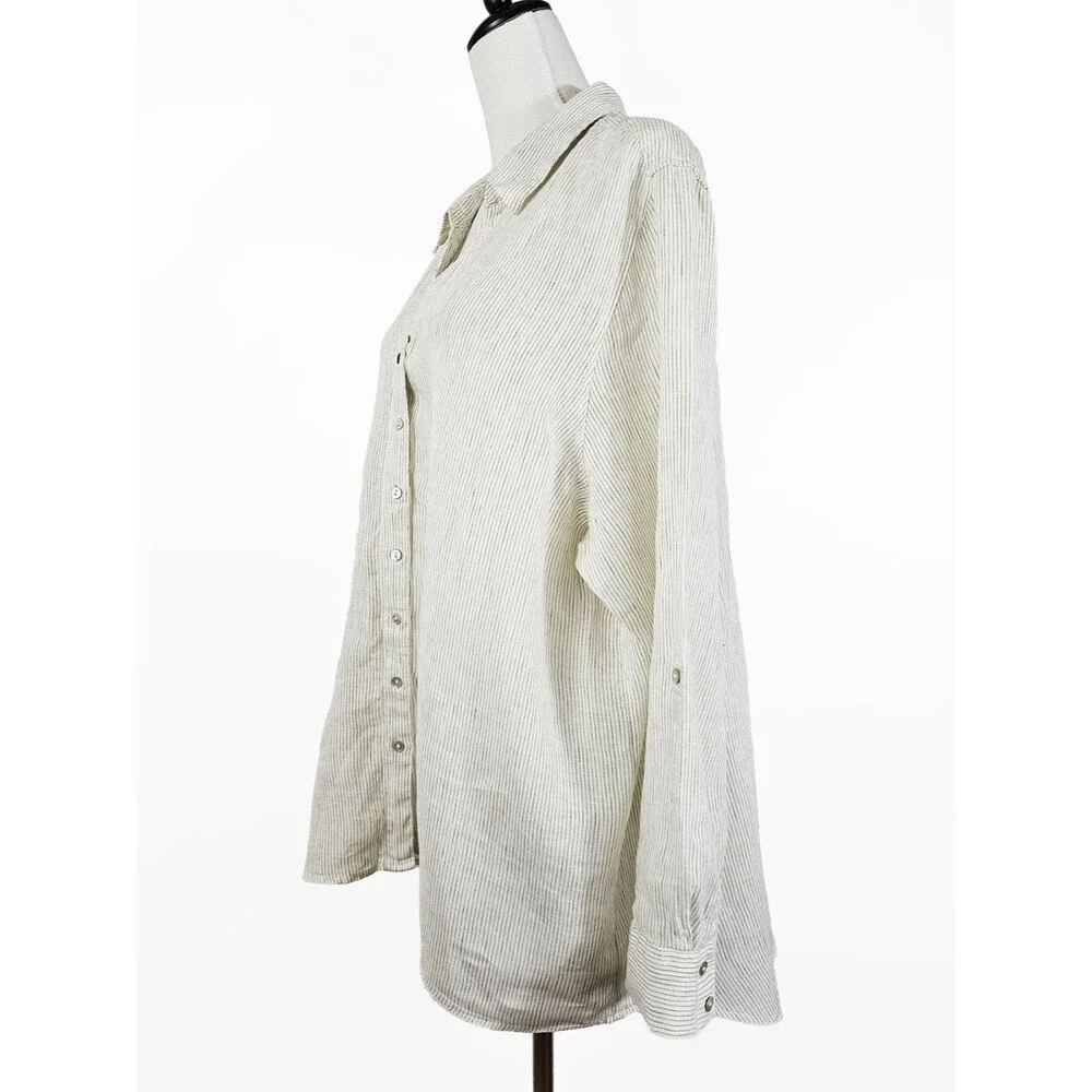 Tahari 2XL Linen White Olive Lagenlook Button Down - Picture 2 of 7